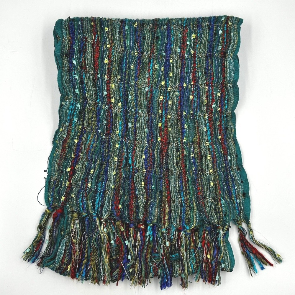Artisan Scarf Multi-Color Unisex Woven Fringe Metallic Gypsy EUC 38 x 9 inches